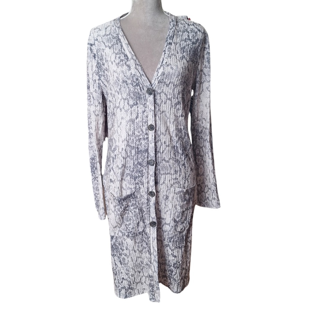 Long Cardigan Sweater Nine Britton Sz L Gray Animal Print Cozy Lounge Style
